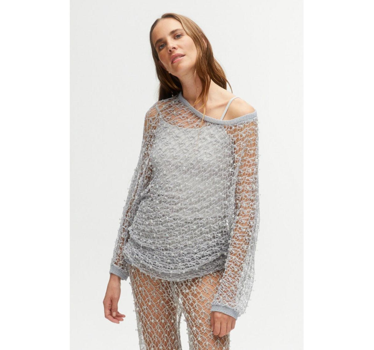 Women's Beaded Mesh Knit Top - Grey