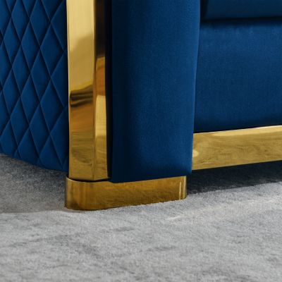 Streamdale Navy Blue Velvet Sofa Set with Gold Stainless Legs