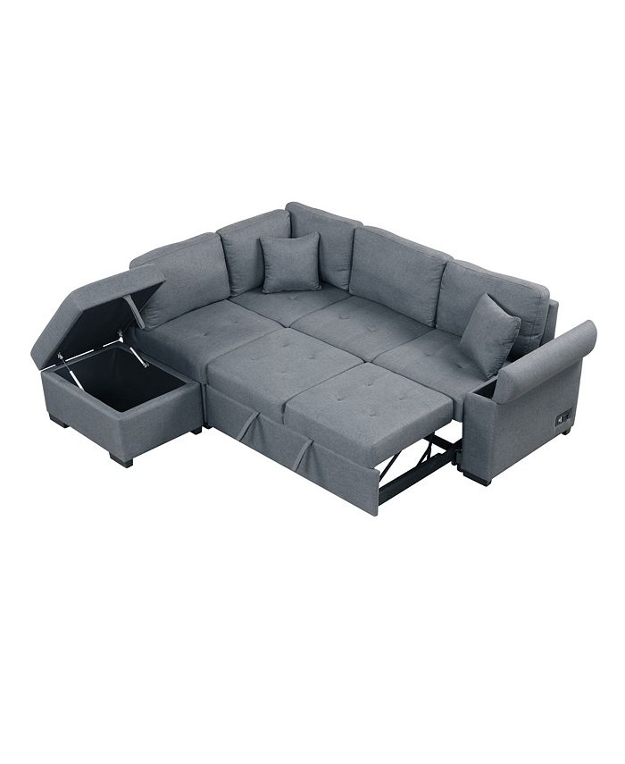 Simplie Fun Gray LShape Sleeper Sectional Sofa with Storage & USB