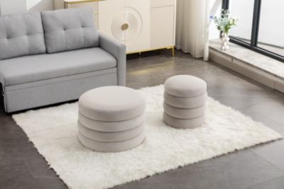 Ivory Boucle Ottoman with Wooden Shelves