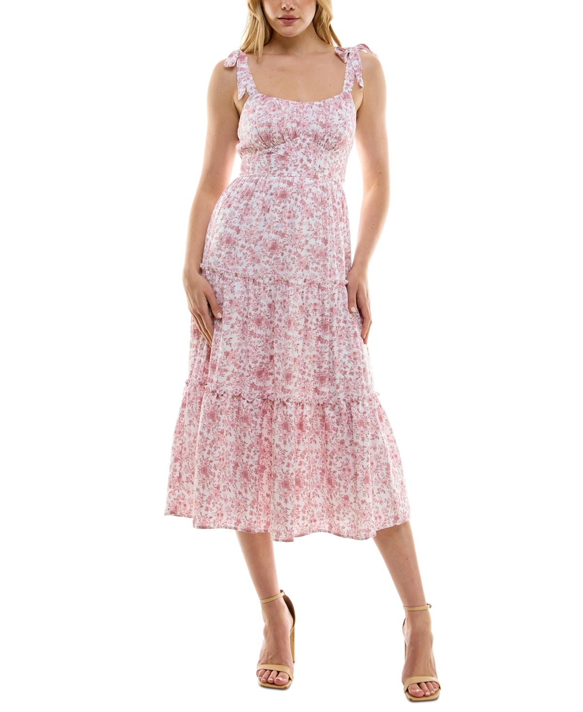Trixxi Juniors' Tie-strap Tiered Fit & Flare Midi Dress In White Pink Floral