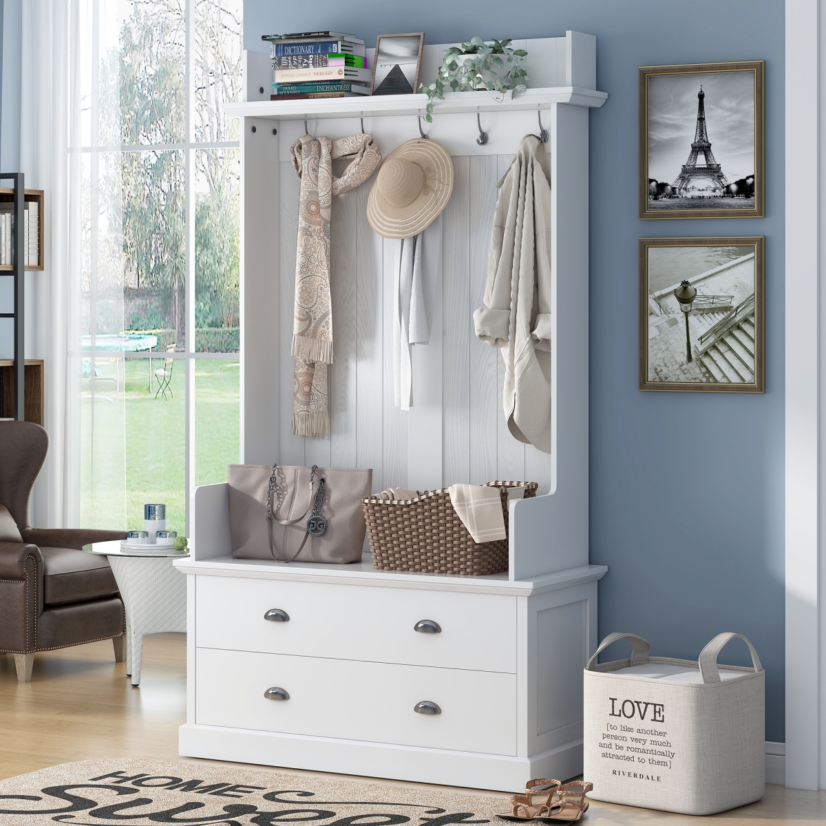 Streamdale Furniture Vintage Style Hallway Coat Rack with Drawers & Hooks