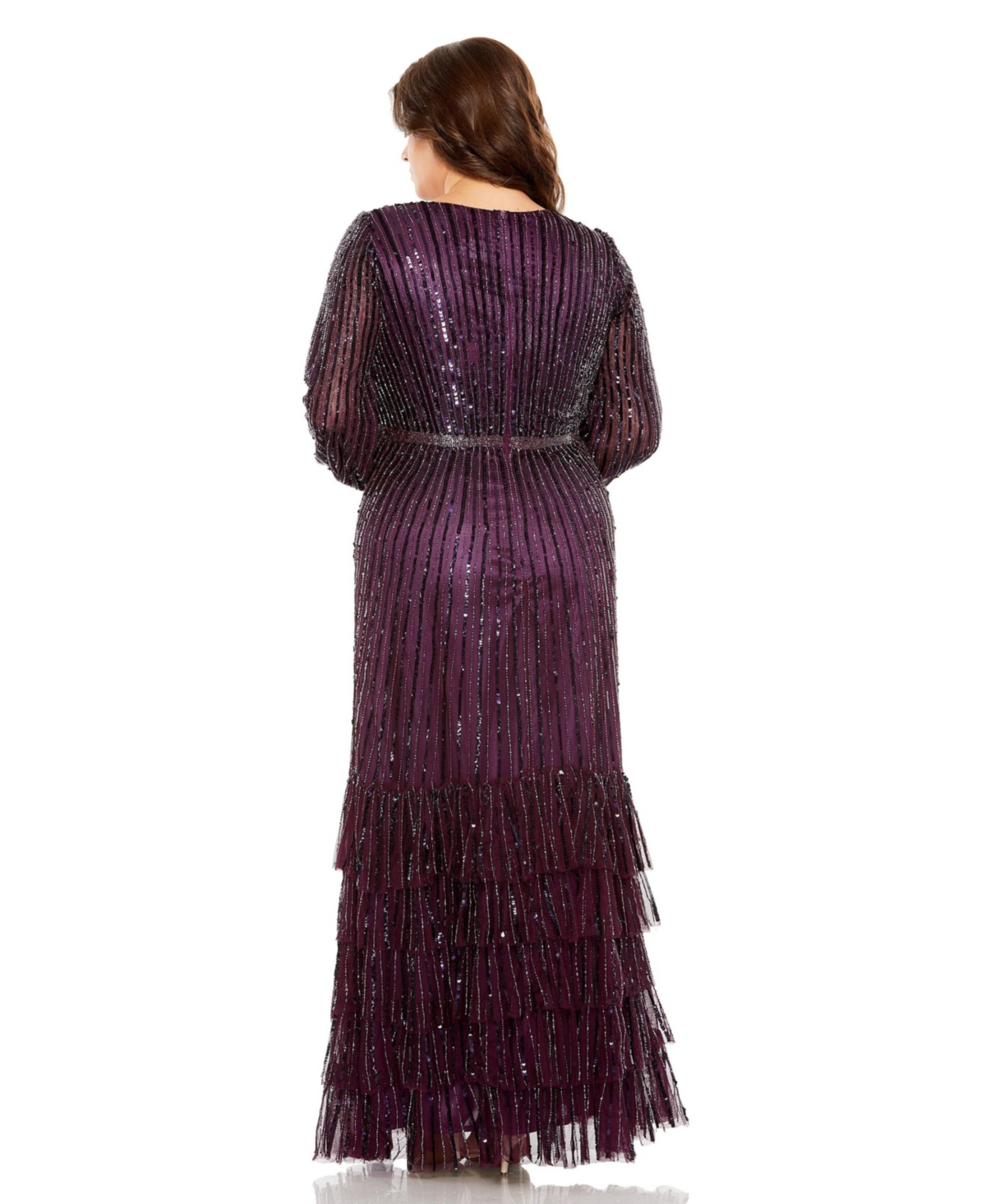Mac Duggal Women's Plus Size Beaded Faux Wrap Puff Sleeve Ruffle Tiered Gown