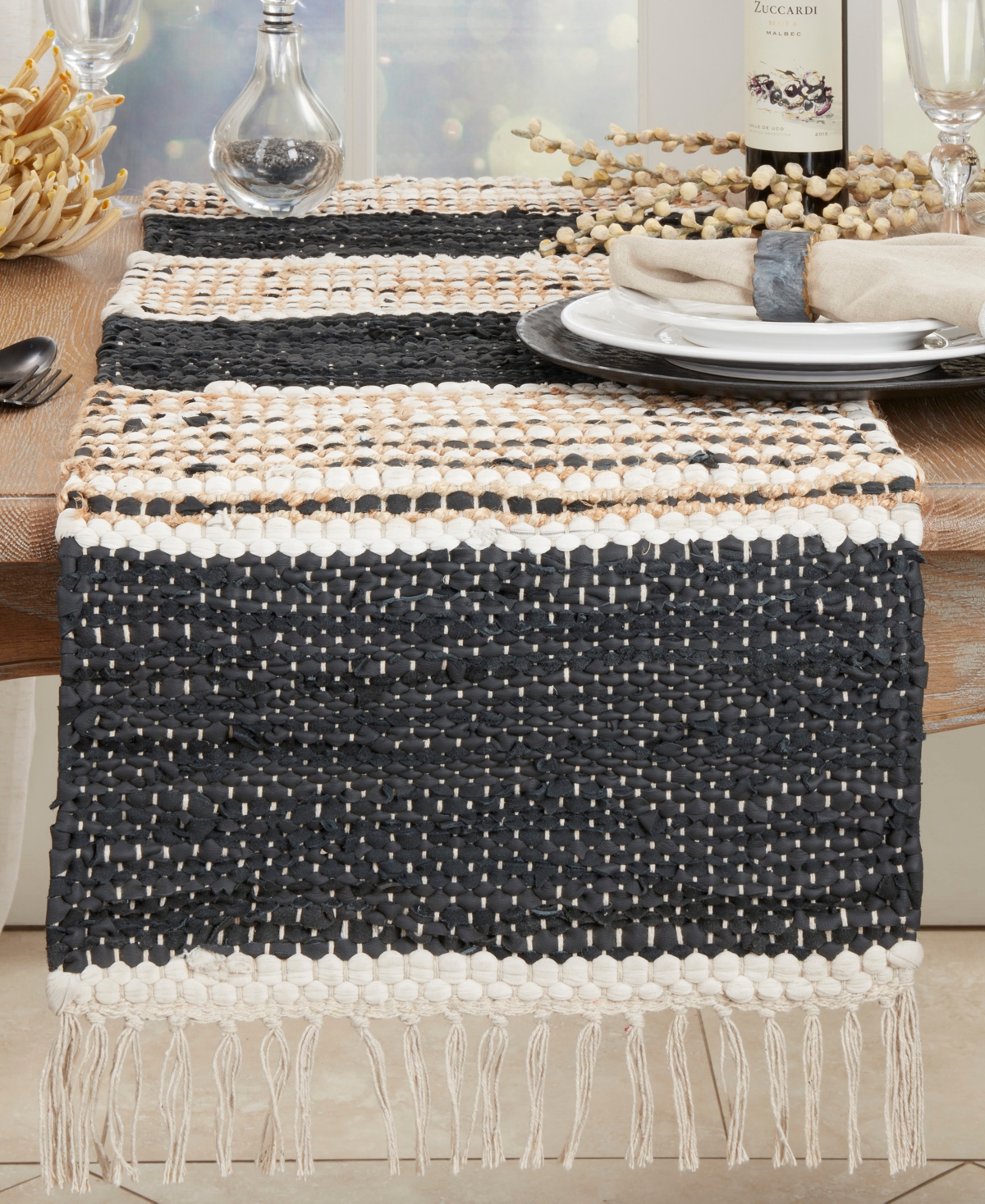 Saro Lifestyle Boho Leather Chindi Fringed Table Runner, 16"x72" In Black,natural