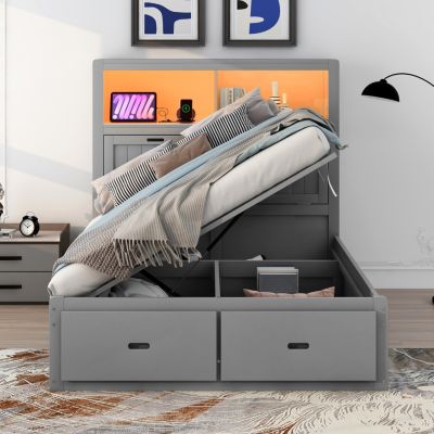 Hydraulic Platform Bed with Storage, LED Headboard & Drawers
