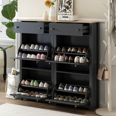 Modern Black Shoe Cabinet with 4 Flip Drawers