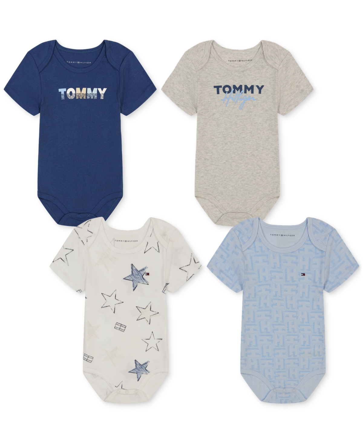 Tommy Hilfiger Baby Boys Patterned Short-sleeve Bodysuits, Pack Of 4 In Blue
