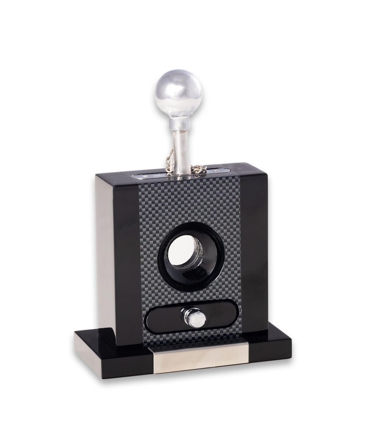 Bey-Berk Lacquered Carbon Fiber Design Wood and Stainless Steel Table Top Guillotine Cigar Cutter with Drawer for Cuttings.