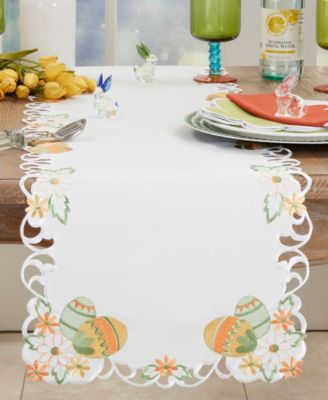 Saro Lifestyle Embroidered Easter Eggcellent Table Runner Collection In White