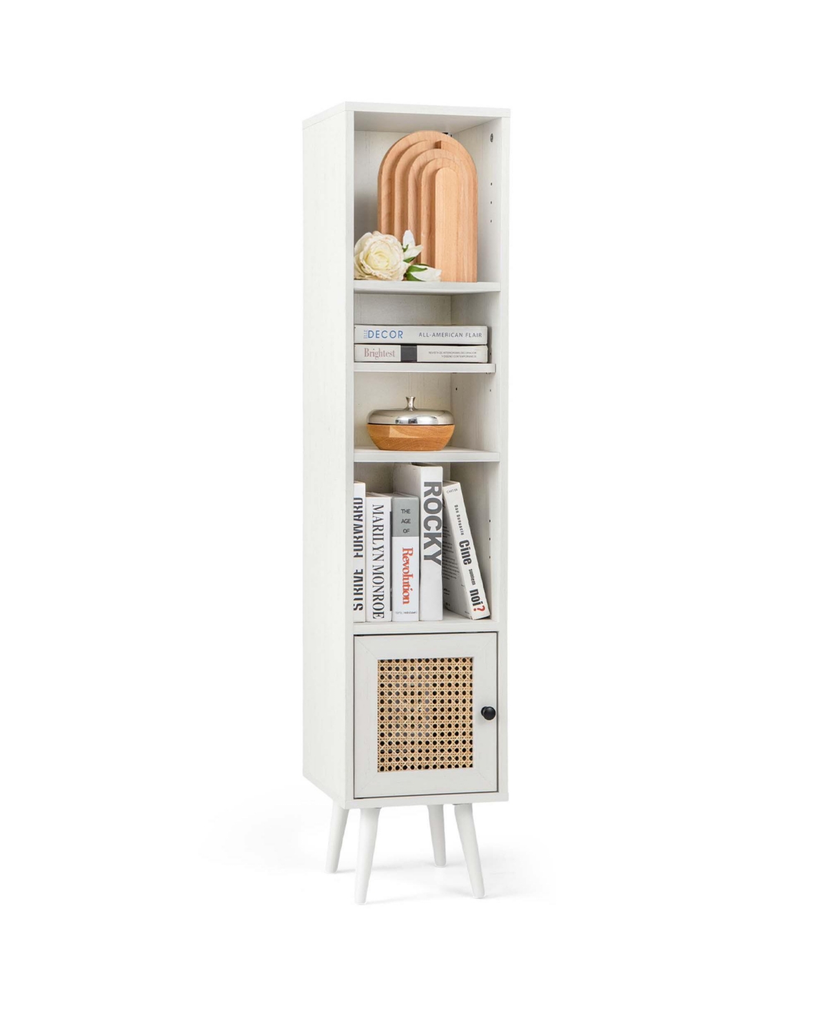 Rattan Storage Cabinet Freestanding Slim Organizer Wood Display Rack Living Room - White