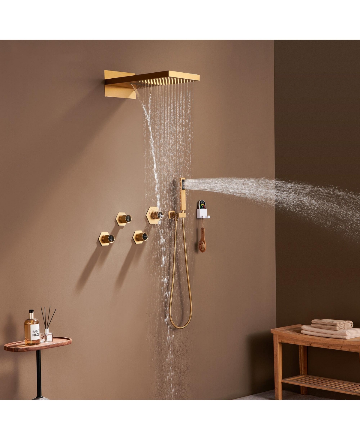 Mondawe Free Combination Handles 2 Functions 3 Sprays Wall-Mounteded Luxury Led and Music Thermostatic Shower System with Rough-in Valve in Brushed Go