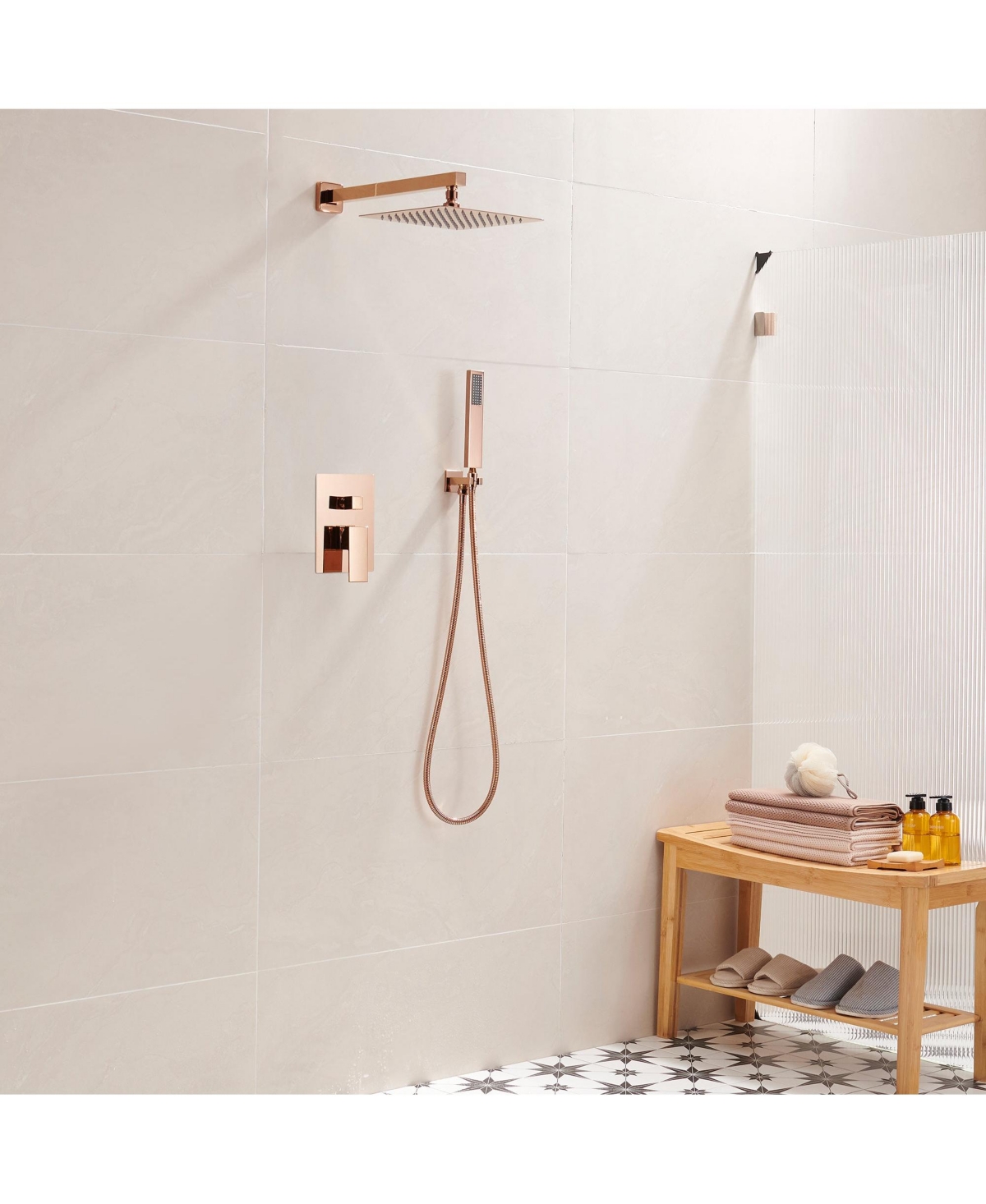 Mondawe High Pressure Square Shower System with Rough-in Valve - Rose gold