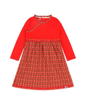 Little Girls Long Sleeve Ruffle Trim Dress - Red Multicolor