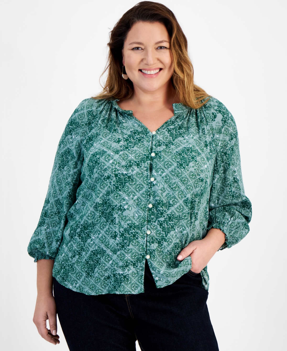 Plus Size Printed Shine V-Neck Blouse, Created for Macy's - Scandi Thyme