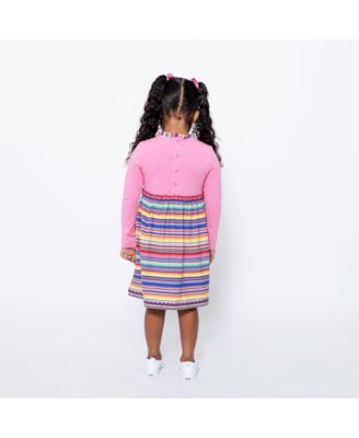 Toddler Girls Long Sleeve Ruffle Trim Dress - Pink Multicolor Stripes