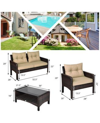 4PCS Rattan Wicker Patio Conversation Set Cushioned Outdoor Furniture Set