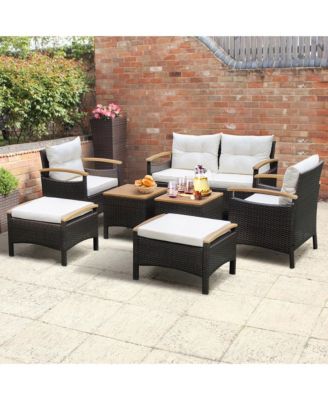 7PCS Rattan Patio Conversation Furniture Set Cushioned Outdoor Wicker Sofa Set