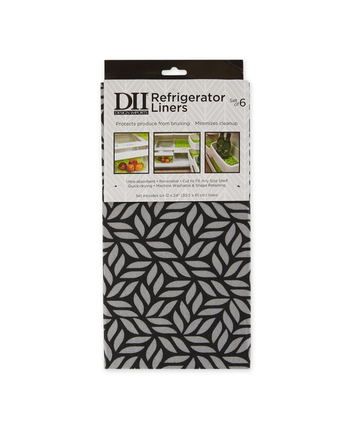 Design Imports Fridge Liner Collection Non-adhesive, Cut To Fit, 12x24", Gray Abstract Leaf, 6 Piece In Gray Abstract Leaf