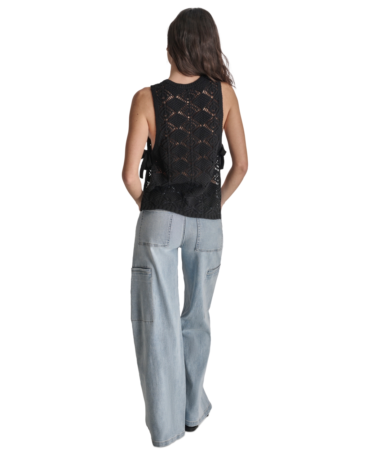 Dkny Women's Crocheted Split-Side Tied Tank Top - BLK - BLACK