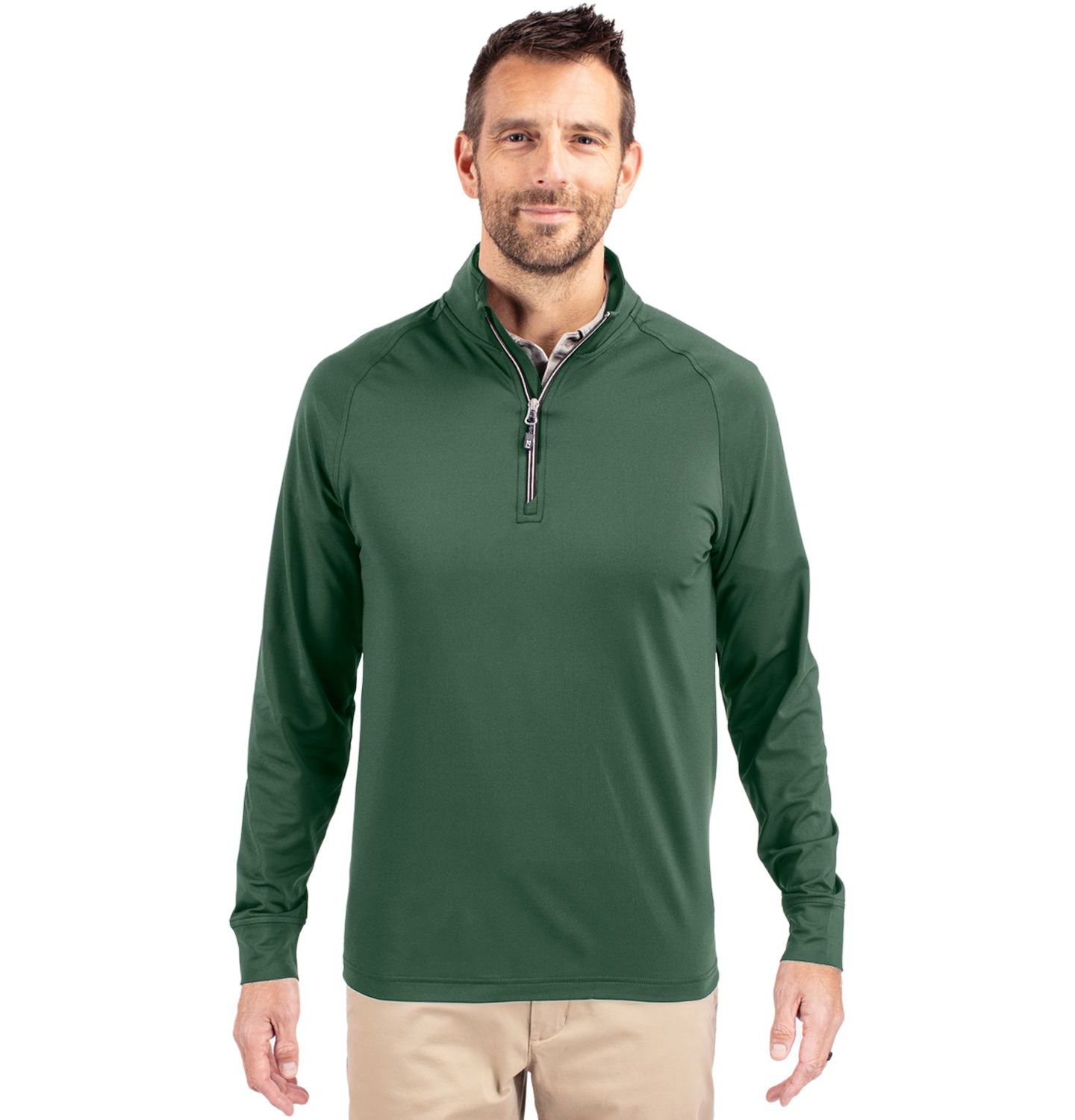 Мужская куртка Cutter & Buck Adapt Eco Knit Stretch Quarter Zip Pullover, цвет: Тёмно-зелёный — фото 1
