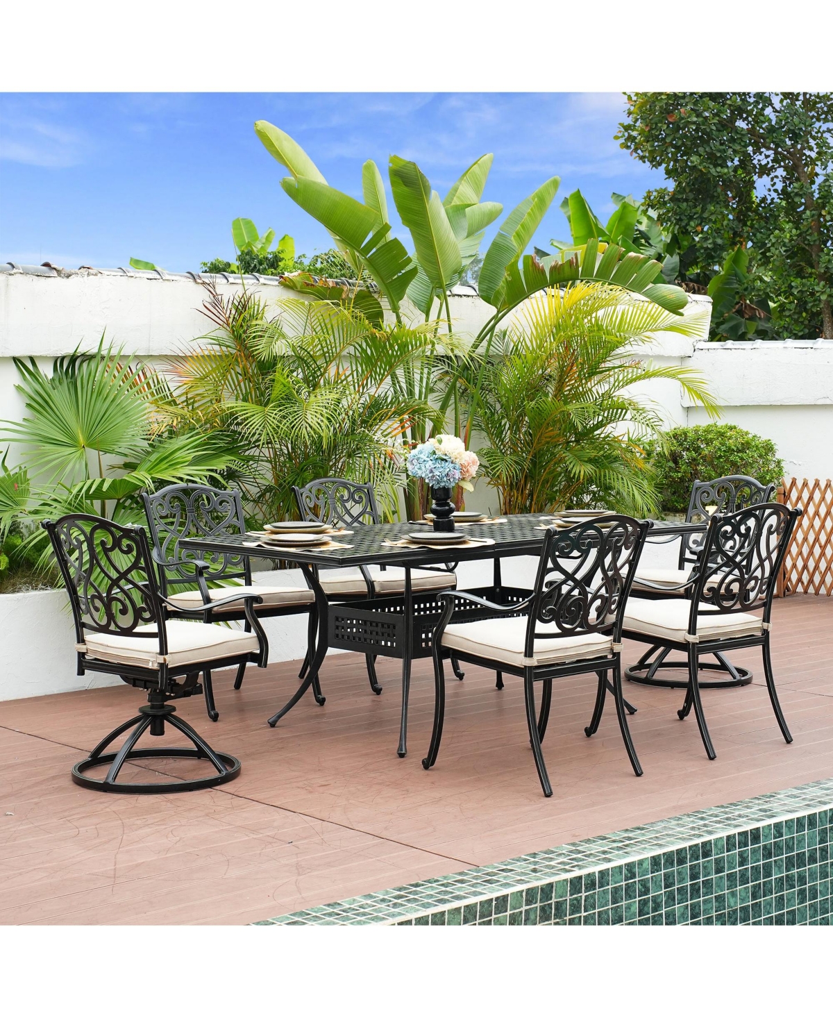 Mondawe 7 Pieces Rectangular Outdoor Dining Set and 2 pcs Swivel Chair with Cushions -khaki