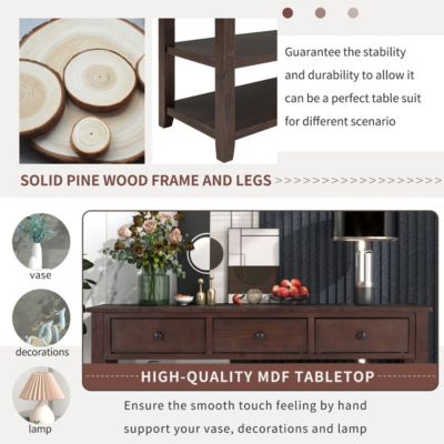 Pine Frame Console Table with Open Shelves, Retro Design