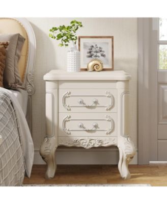 White Nightstand Set of 2: Classic End Tables with 2 Drawers & Carved Design – Ideal for Bedroom or Living Room
