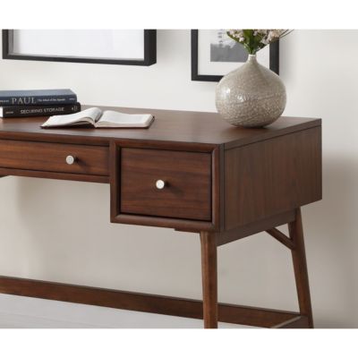 Brown Finish Stylish Writing Desk Storage Drawers Nickel Knob Hardware Walnut Veneer Wood Furniture