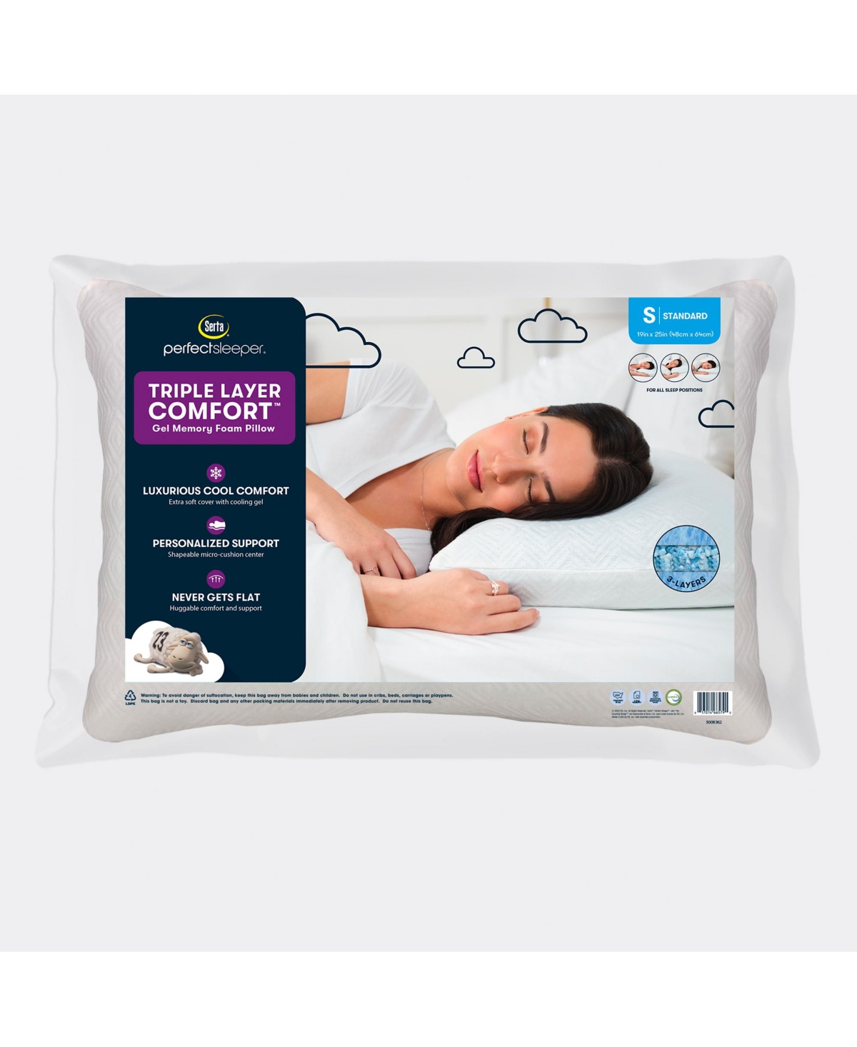 Serta Triple Layer Comfort Foam Pillow, Standard In White