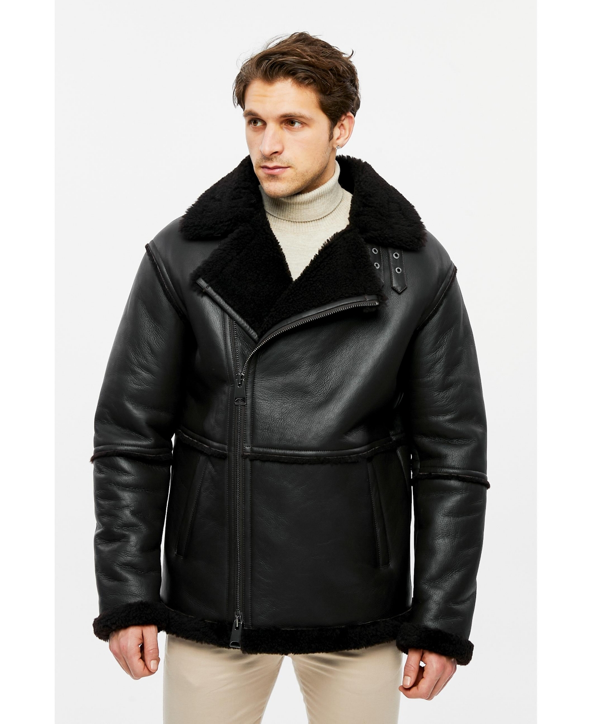 Men's Fashion Leather Jacket Wool, Dark Brown - Dark brown