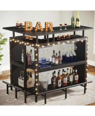 Home Bar Unit, L-Shaped Bar Table with Stemware Racks and 2-Tier Shelves, Corner Mini Coffee Liquor Cabinet with Footrest for Home/Kitchen