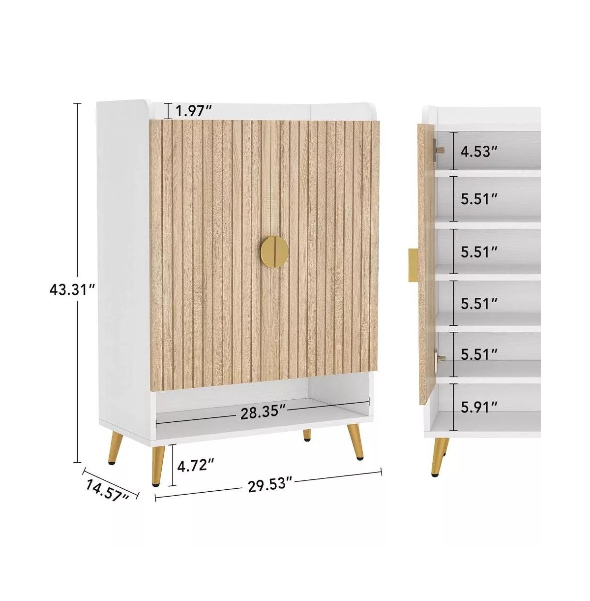 Tribesigns Shoe Cabinet with Doors, Entryway Shoe Storage Cabinet with Adjustable Shelves, Wood Color - White and wood