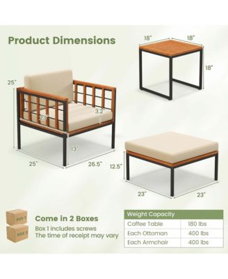 5 PCS Acacia Wood Patio Furniture Set with Ottomans Soft Cushions & Coffee Table