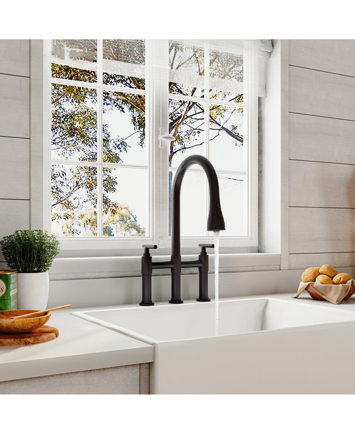 Mondawe 3 Way Spray Function Bridge Kitchen Faucet with Pull Down Sprayer Widespread 360 Swivel Spout