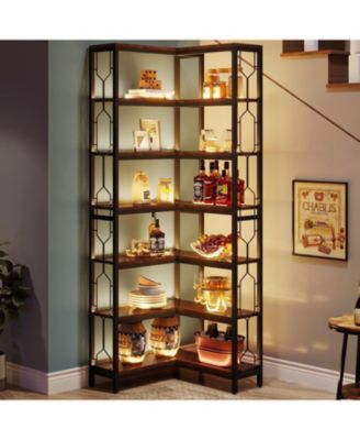 Corner Shelf, 7-Tier Industrial Corner Bookshelf, Wood and Metal Corner Etagere Bookcase, Freestanding Display Shelf for Living Room, Kitchen, Home Office