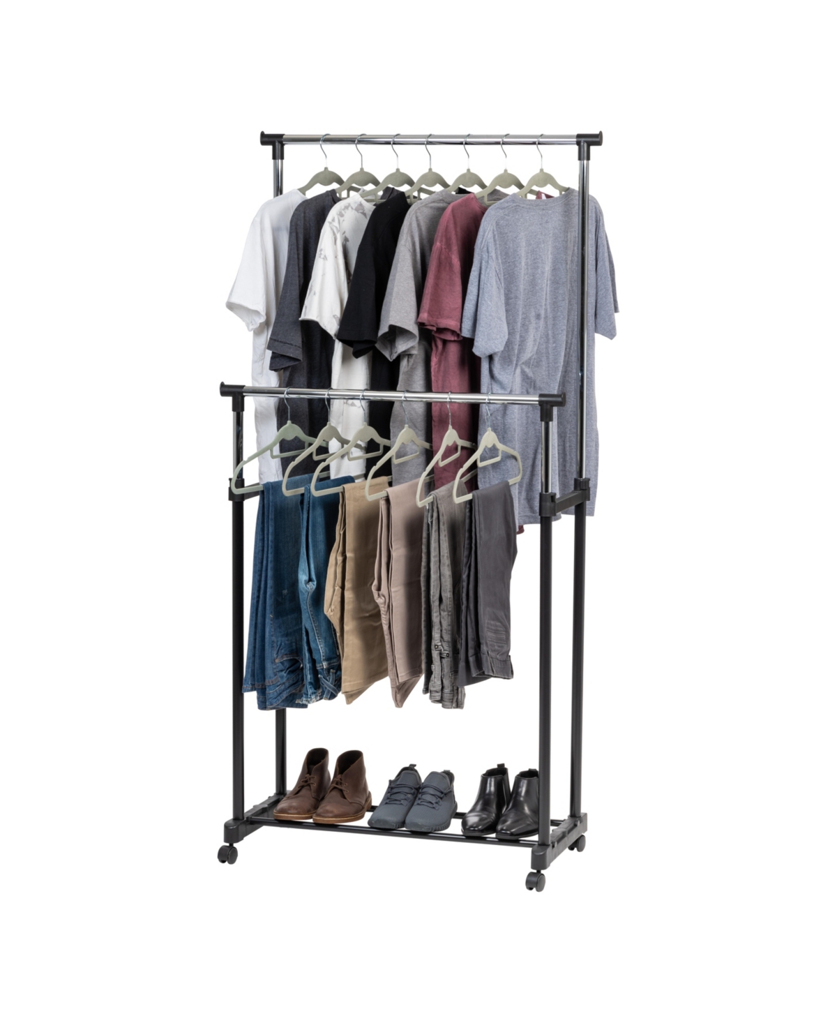 Adjustable Double Rod Clothes Rack, Garment Rack, Clothing Rack with Wheels - Black