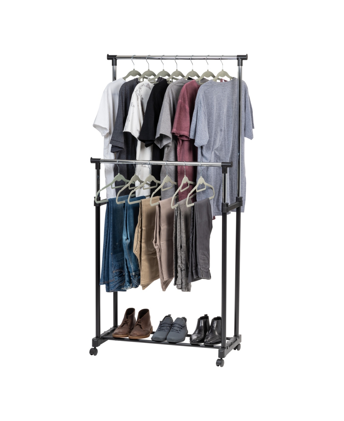 Usa Adjustable Double Rod Clothes Rack, Garment Rack, Clothing Rack with Wheels - Black