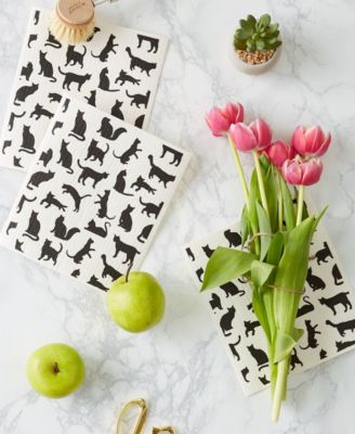 Swedish Dishcloths for Kitchen Cleaning, Machine Washable Dishwasher Safe, 7.75 x 6.75", Cats, 3 Piece