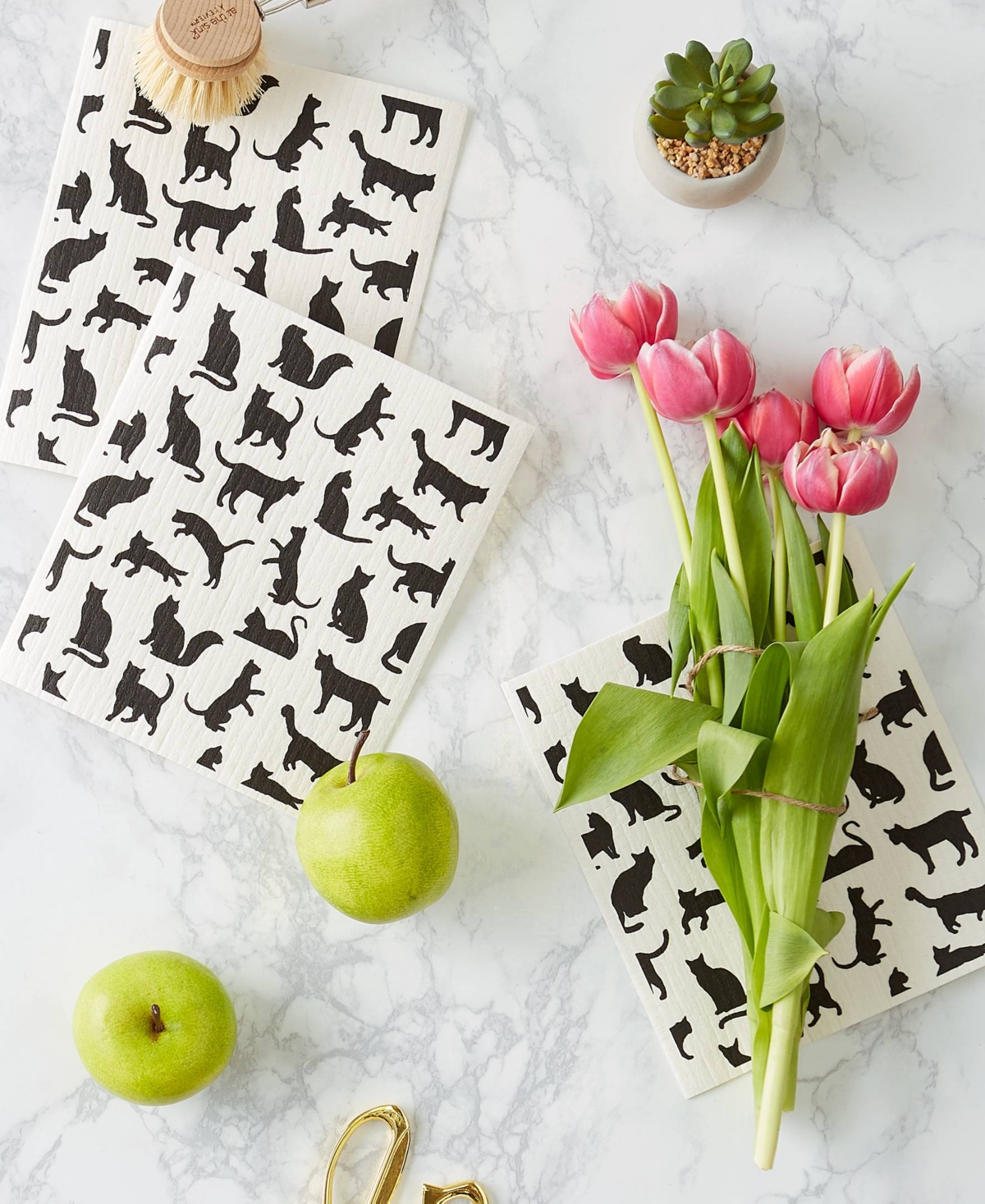 Design Imports Swedish Dishcloths For Kitchen Cleaning, Machine Washable Dishwasher Safe, 7.75 X 6.75", Cats, 3 Pie In Cat