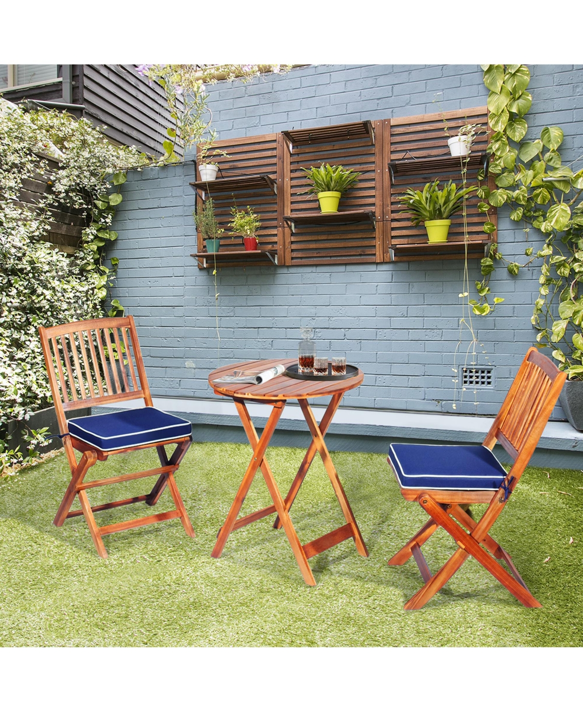 Gymax 3PC Folding Patio Conversation Set Acacia Wood Bistro Set w/ Cushions