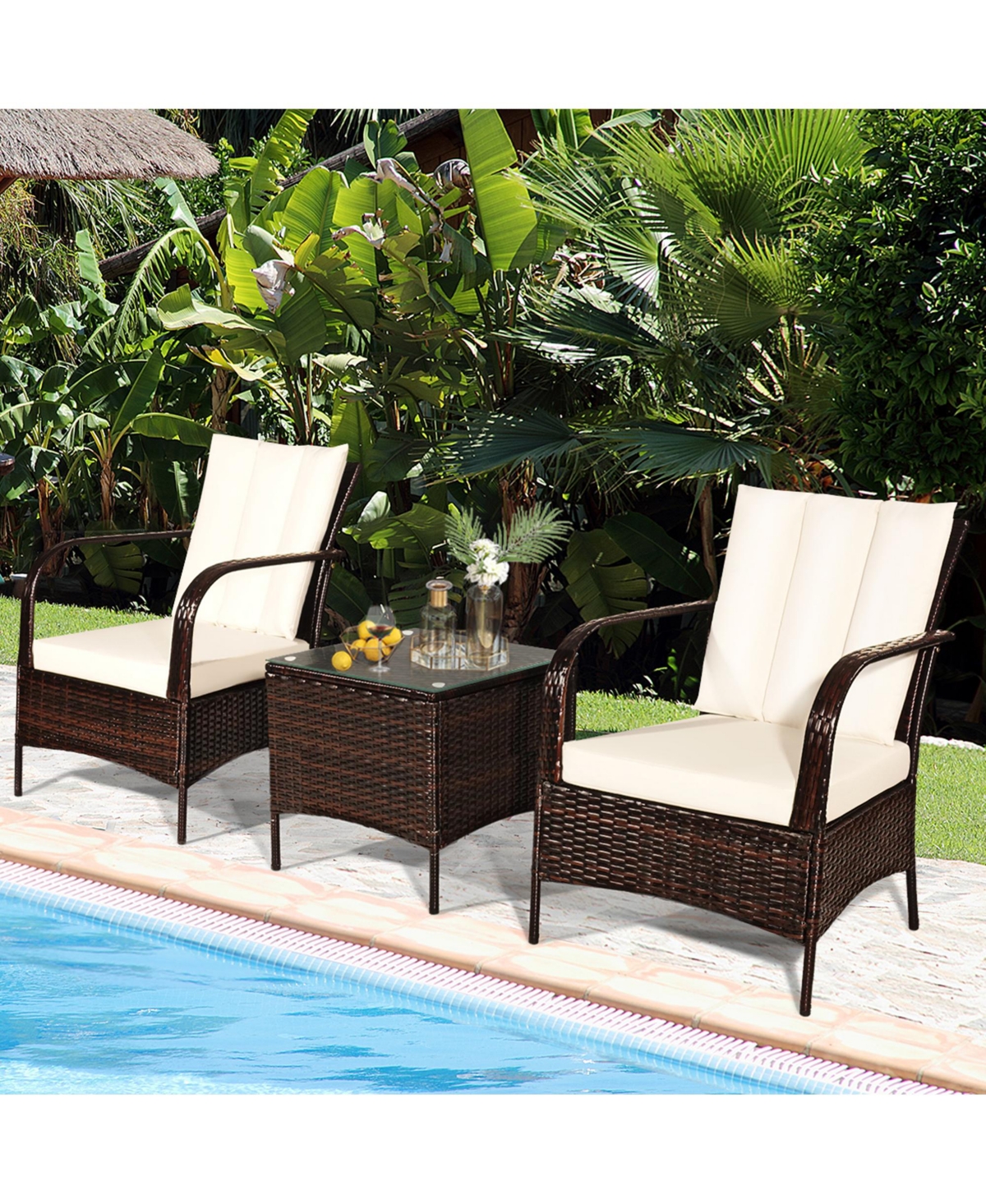 Gymax 3PCS Patio Outdoor Rattan Conversation Set Furniture Set w/ Table Cushions