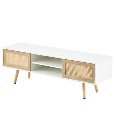 White Rattan TV Cabinet with Sliding Doors & Adjustable Shelf