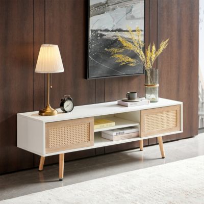 White Rattan TV Cabinet with Sliding Doors & Adjustable Shelf