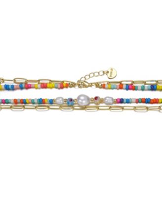 14k Yellow Gold Plated Multi-Color Beads Bracelet with Freshwater Pearls and an Outer Link Chain for Kids
