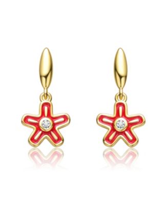 Kids 14k Gold Plated Red Enamel Dangle Star Flower Earrings