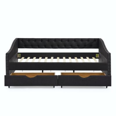 Upholstered Tufted Daybed with Drawers and Copper Nail Detail