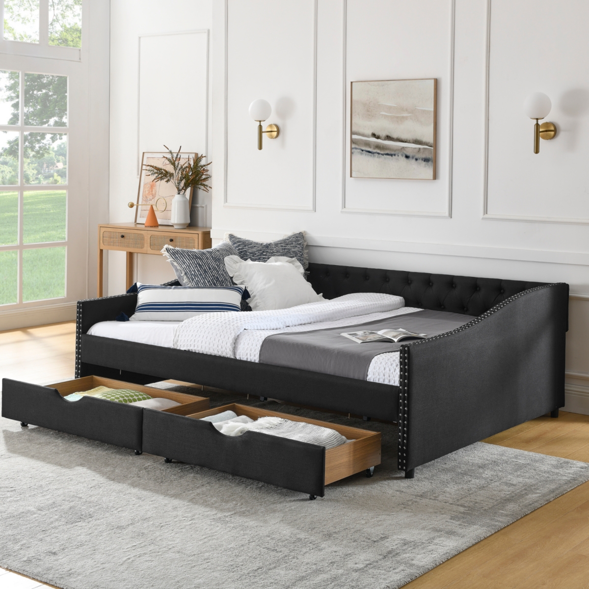 Upholstered Queen Size Daybed with Drawers