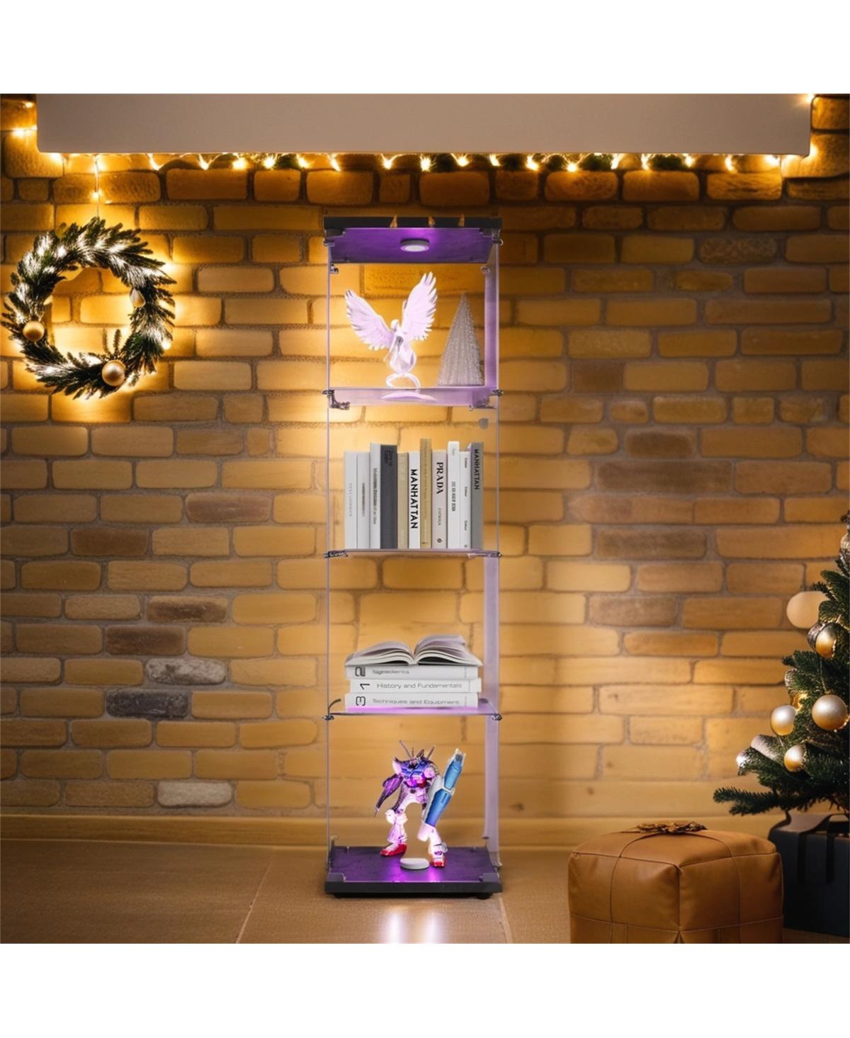 Streamdale Furniture Lighted 4 Shelves Glass Cabinet Glass Display Cabinet With One Door, Black