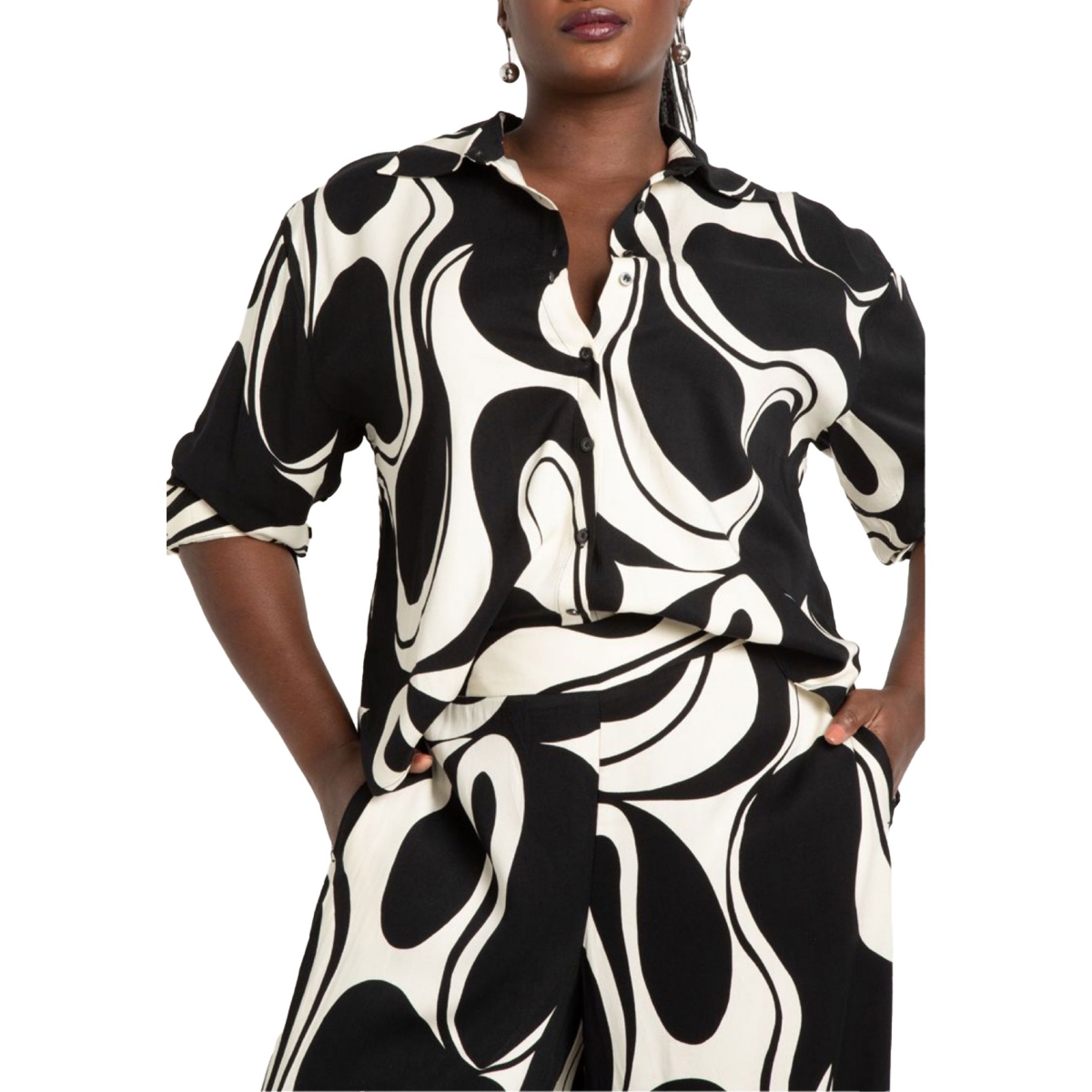 Eloquii Plus Size Printed Button Down - Cookies and cream