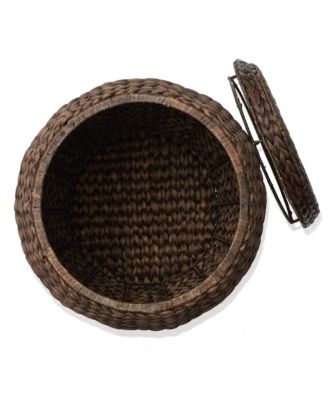 Round Storage Basket with Lid, Natural - Handwoven Water Hyacinth Hamper Organizer for Laundry, Blankets, Plants